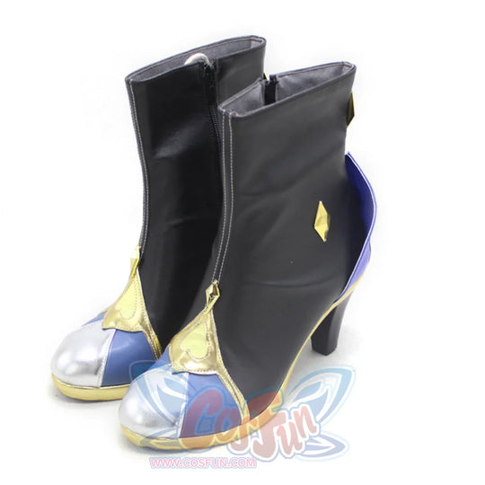 Game Genshin Yelan cosplay boots pair tracing gold scrollwork over chunky heels and blue inset silver toe details.