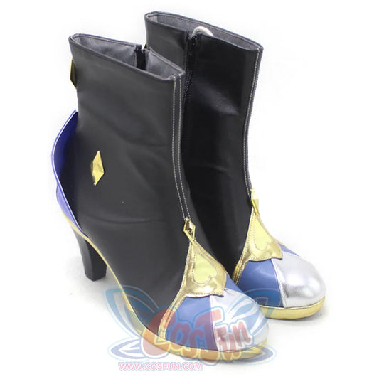 Game Genshin Yelan cosplay boots set in black balancing side zippers gold diamond accents and purple heel contrast.