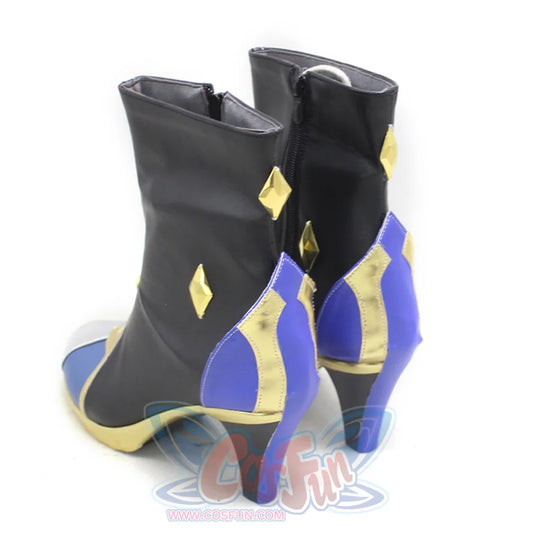 Game Genshin Yelan cosplay boots in black framing gold diamond studs against a blue gold back panel and white blue toe caps.