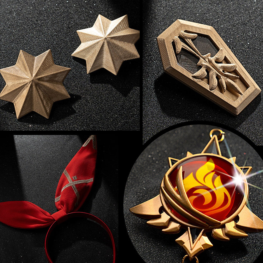 Collage of Amber cosplay accessories with star pieces, badge, red bow headband, and flame pendant