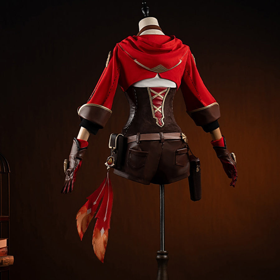 Front view of Amber cosplay costume on mannequin with red cape, brown bodice, shorts, gloves, and boots