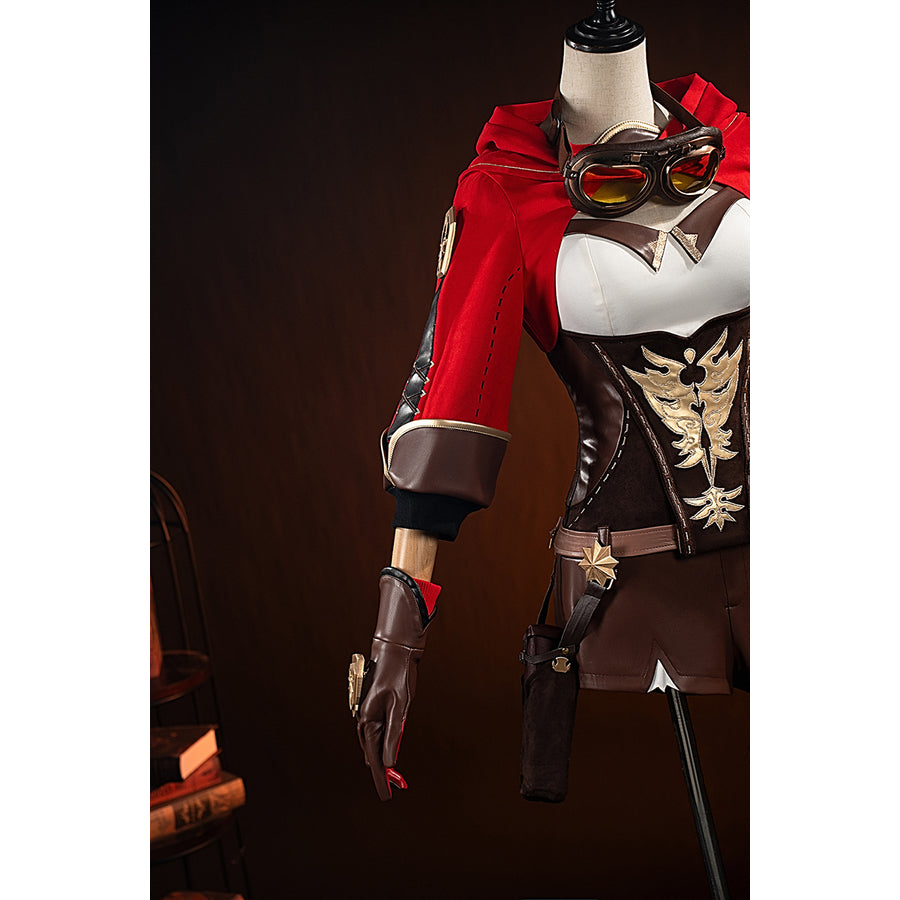 Genshin Impact Amber cosplay costume angled front view layers the red coat over goggles and brown gloves.