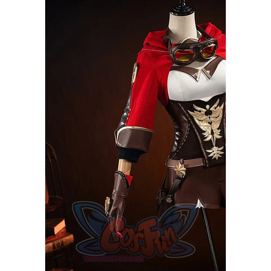 Genshin Impact Amber cosplay costume angled front view layers the red coat over goggles and brown gloves.