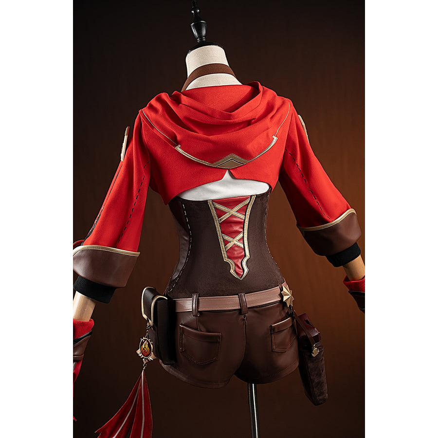 Genshin Impact Amber cosplay costume back view shows the red coat, lace-up bodice, pouches and gloves.