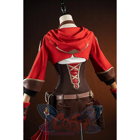 Genshin Impact Amber cosplay costume back view shows the red coat, lace-up bodice, pouches and gloves.