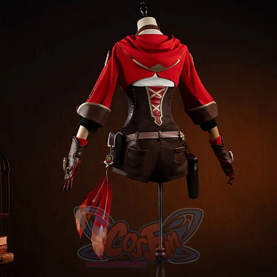 Genshin Impact Amber cosplay costume back view frames the red hooded coat above brown pouches and a vision tassel