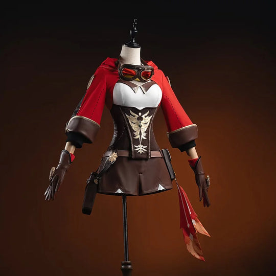 COSFUN Genshin Impact Amber cosplay costume front view features a red coat over a brown bodysuit.