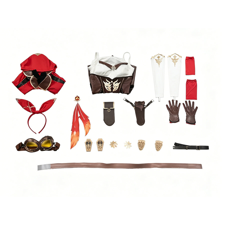 Genshin Impact Amber cosplay costume flat lay arranges the coat, bodysuit, gloves, pouches and accessories.