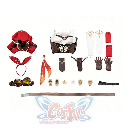Genshin Impact Amber cosplay costume flat lay arranges the coat, bodysuit, gloves, pouches and accessories.