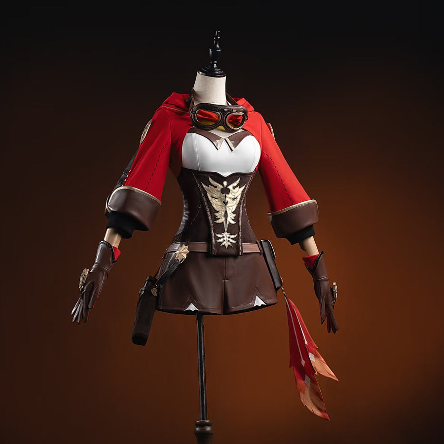 Front view of Amber cosplay costume on mannequin with red cape, brown bodice, shorts, gloves, and boots