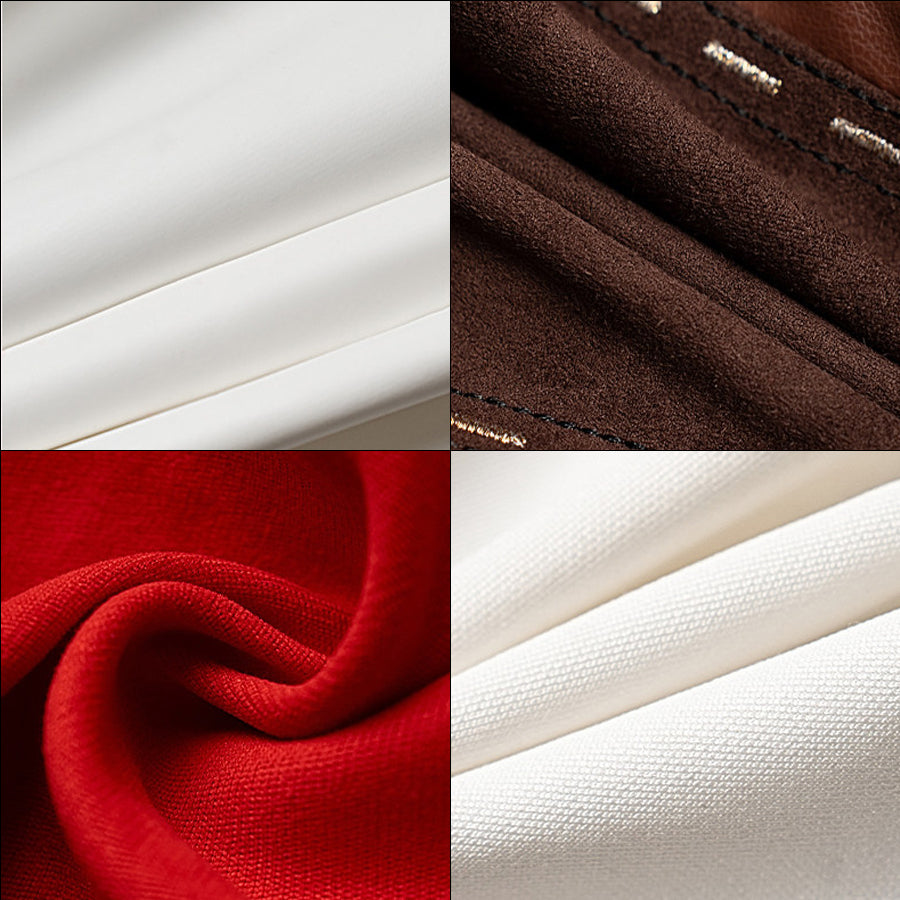 Close-up collage of Amber cosplay fabric swatches in red, brown, white, and textured white material