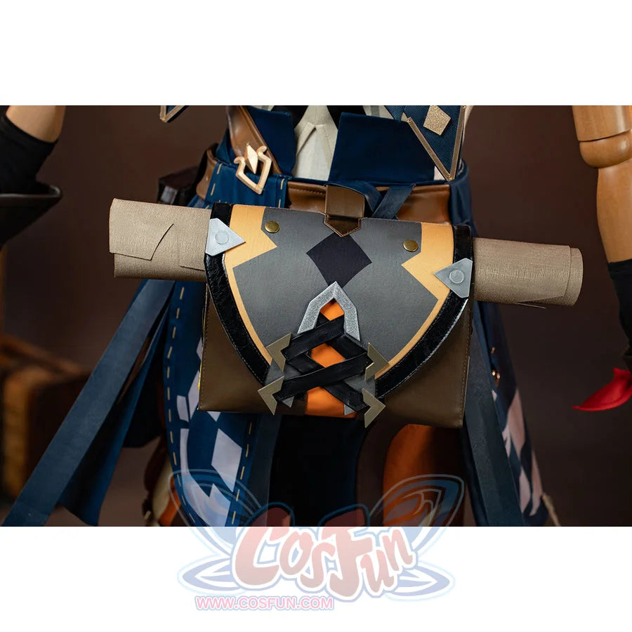 Genshin Impact Bennett cosplay back bag detail anchors gray rolls and orange lacing across the waist pouch