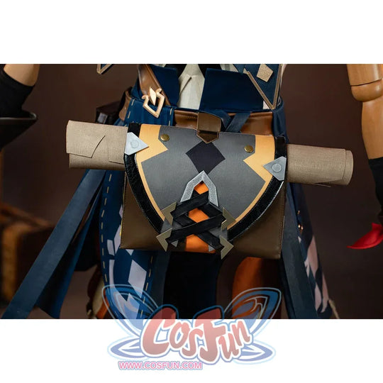 Genshin Impact Bennett cosplay back bag detail anchors gray rolls and orange lacing across the waist pouch