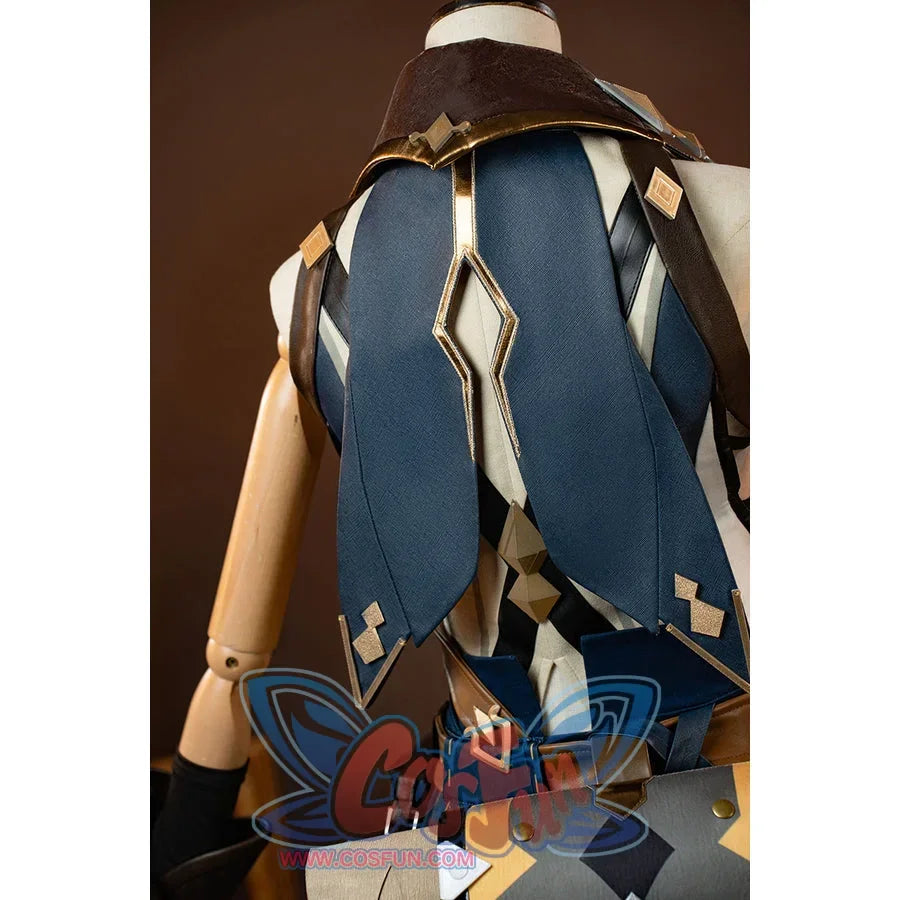 Genshin Impact Bennett cosplay back view frames a blue back bag with crossed straps and angular gold-tone trim