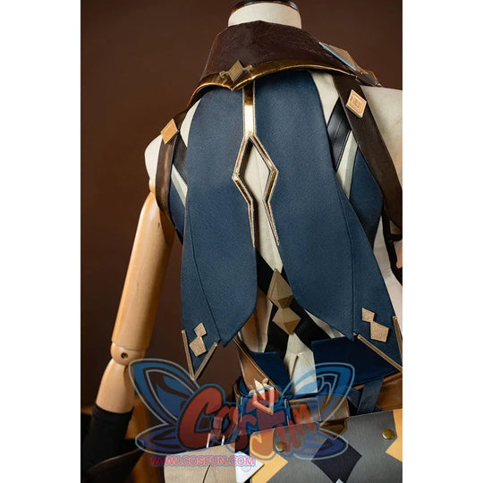 Genshin Impact Bennett cosplay back view frames a blue back bag with crossed straps and angular gold-tone trim