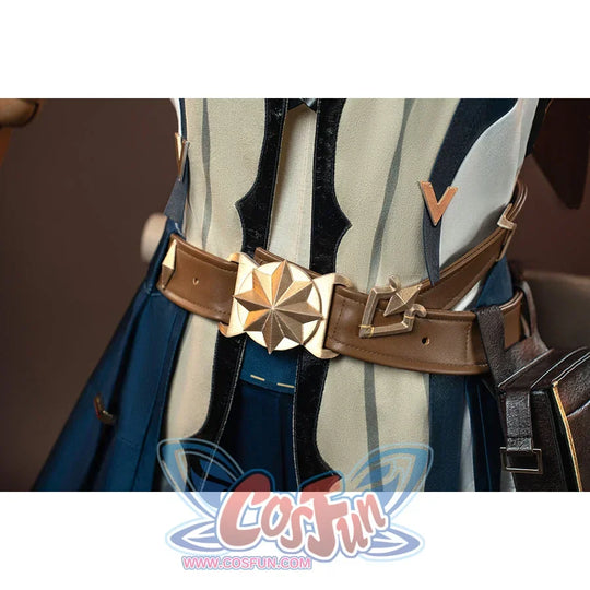 Genshin Impact Bennett cosplay belt detail anchors a star buckle across brown straps above navy panels