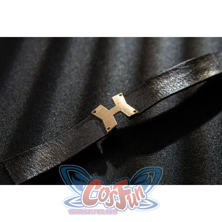 Genshin Impact Bennett cosplay black strap detail anchors a gold-tone cross buckle over glossy trim