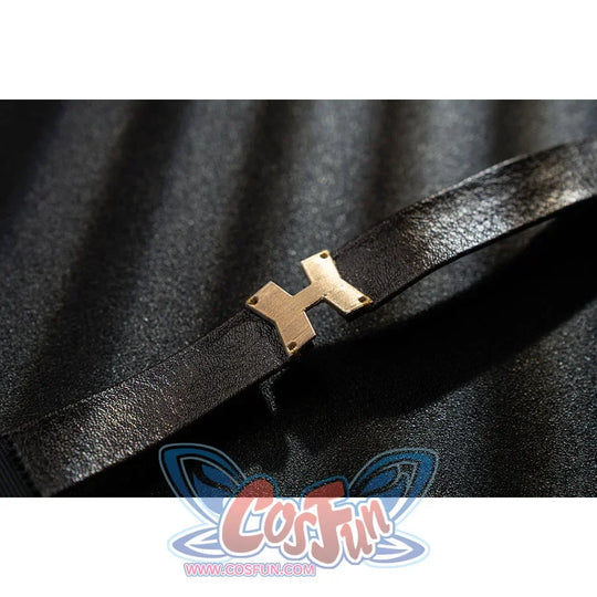 Genshin Impact Bennett cosplay black strap detail anchors a gold-tone cross buckle over glossy trim