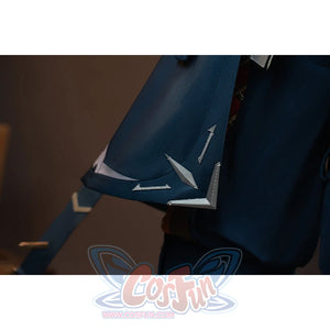 Genshin Impact Bennett cosplay pants detail frames blue fabric with pale arrow markings and a lower strap
