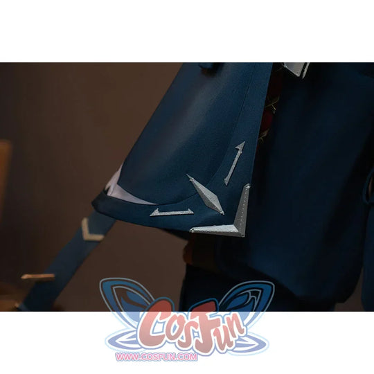 Genshin Impact Bennett cosplay pants detail frames blue fabric with pale arrow markings and a lower strap