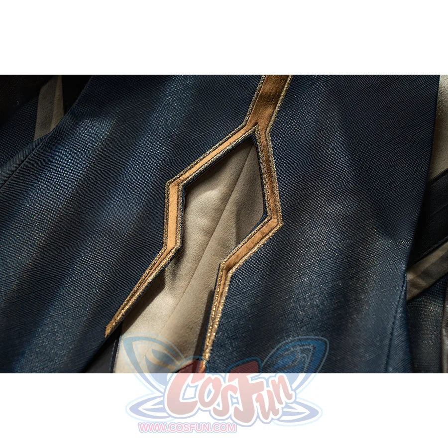 Genshin Impact Bennett cosplay blue fabric detail layers gold-tone trim along a pale inset panel