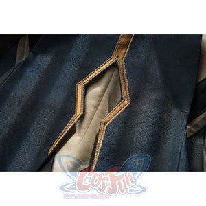 Genshin Impact Bennett cosplay blue fabric detail layers gold-tone trim along a pale inset panel