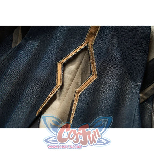 Genshin Impact Bennett cosplay blue fabric detail layers gold-tone trim along a pale inset panel