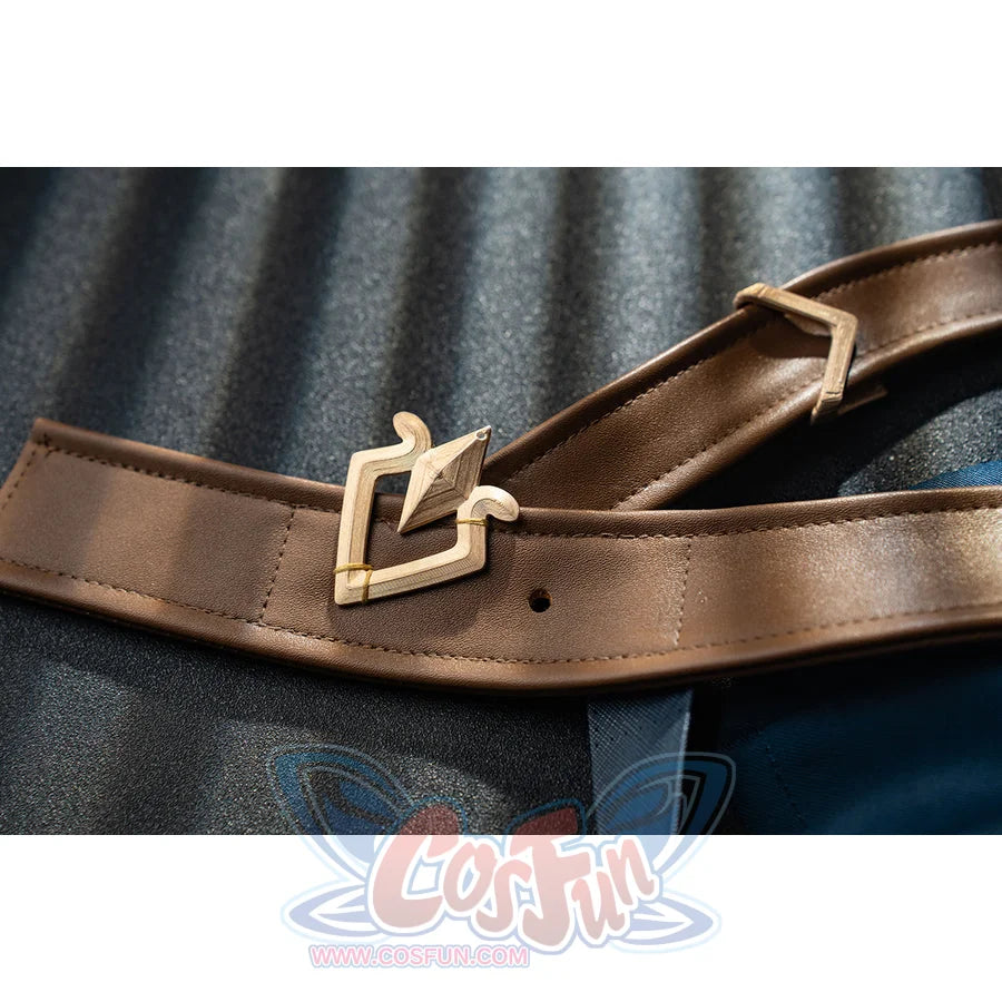 Genshin Impact Bennett cosplay brown belt detail anchors a gold-tone buckle across a curved leather-look strap