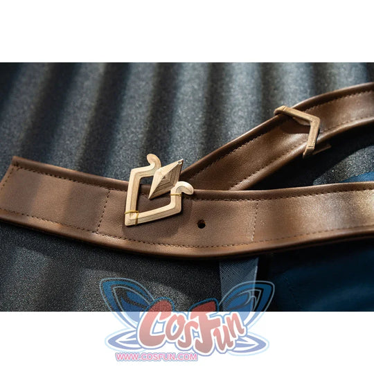 Genshin Impact Bennett cosplay brown belt detail anchors a gold-tone buckle across a curved leather-look strap