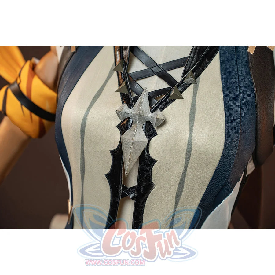 Genshin Impact Bennett cosplay chest lacing detail layers black straps across cream and navy panels