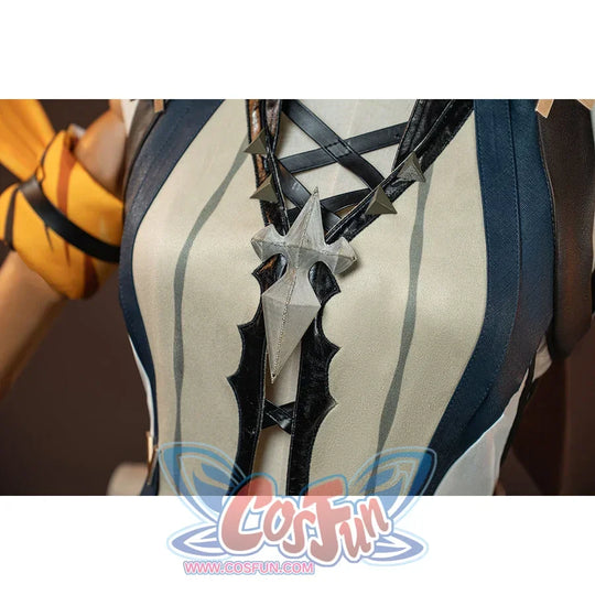 Genshin Impact Bennett cosplay chest lacing detail layers black straps across cream and navy panels