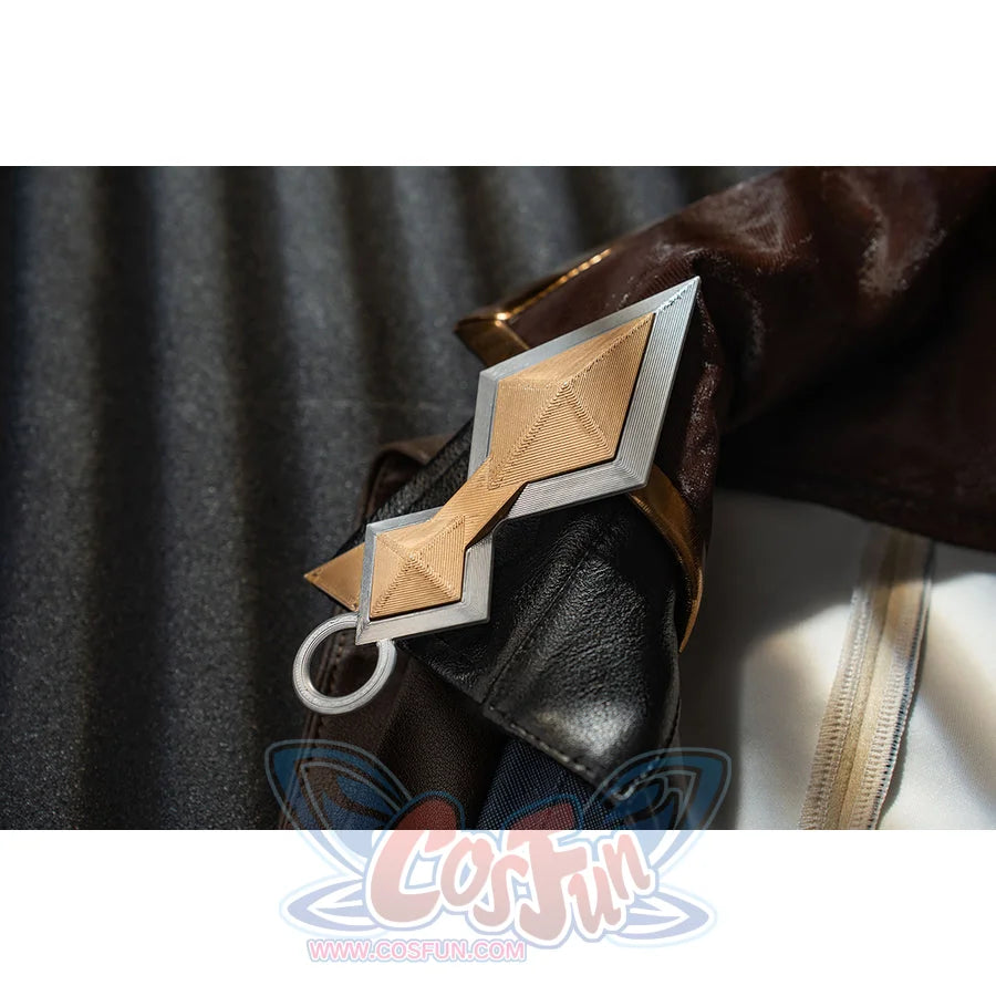 Genshin Impact Bennett cosplay chest ornament detail anchors a gold-tone diamond accent over black and brown trim