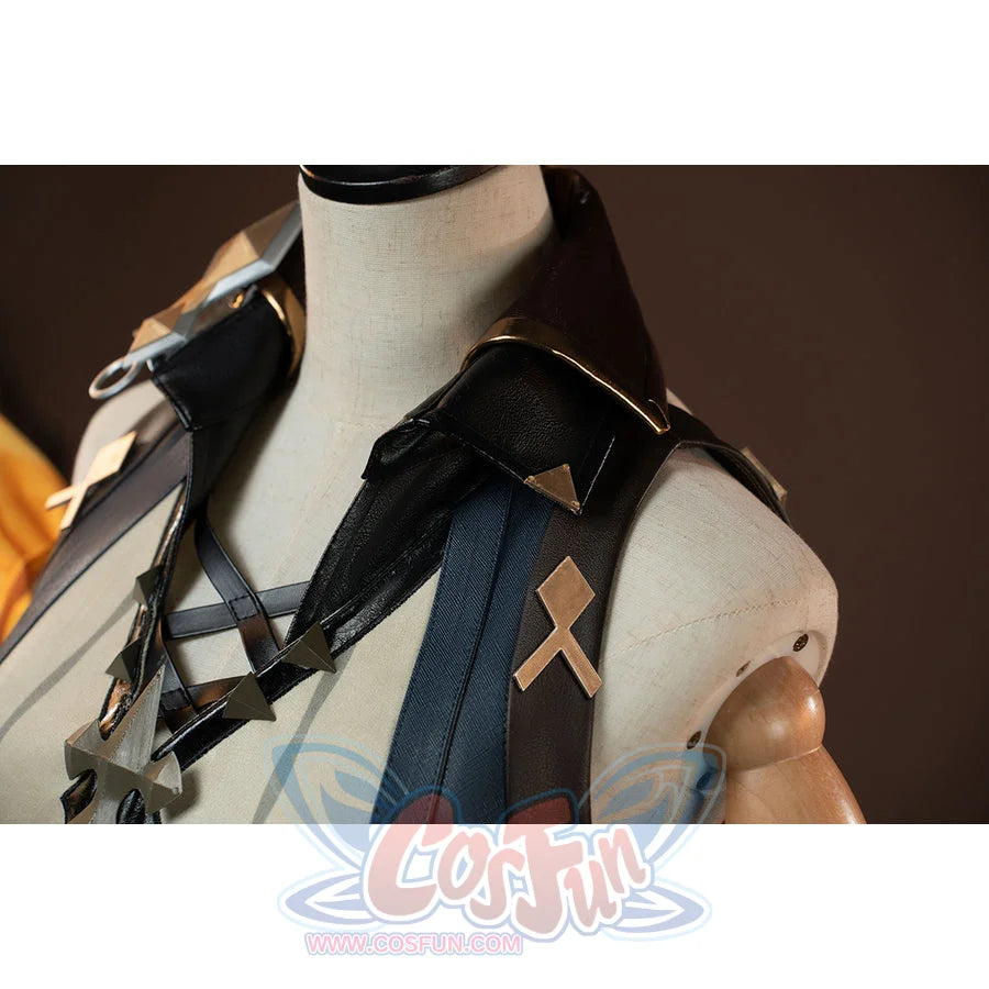 Genshin Impact Bennett cosplay collar detail frames a black collar between navy panels and crossed chest straps