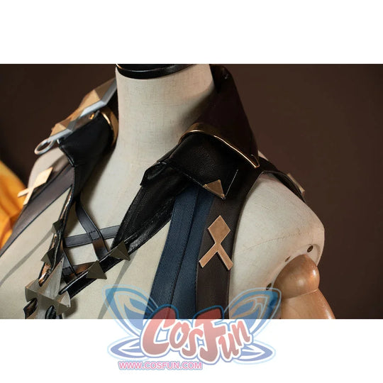 Genshin Impact Bennett cosplay collar detail frames a black collar between navy panels and crossed chest straps