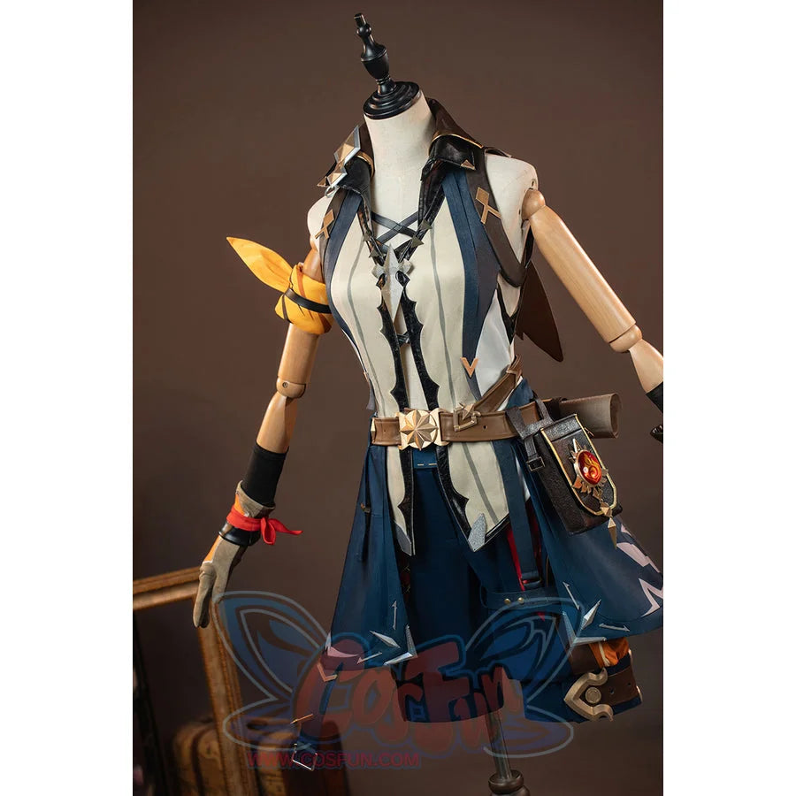 Genshin Impact Bennett cosplay costume angled view frames a laced cream vest between dark straps and the waist pouch