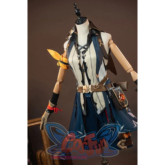 Genshin Impact Bennett cosplay costume angled view frames a laced cream vest between dark straps and the waist pouch