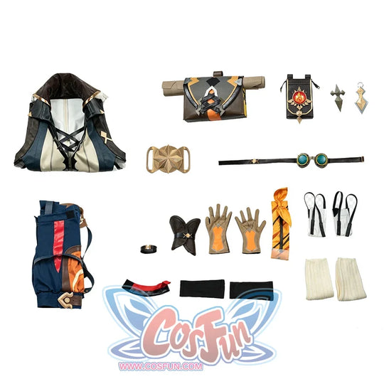 Genshin Impact Bennett cosplay costume flat lay gathers the top, pants, gloves, bags, socks, and accessories