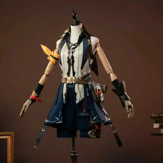 COSFUN Genshin Impact Bennett cosplay costume front view layers a cream vest over navy panels, anchored by a waist pouch