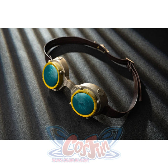 Genshin Impact Bennett cosplay glasses detail sets teal lenses inside gold-tone frames, balanced by a brown strap