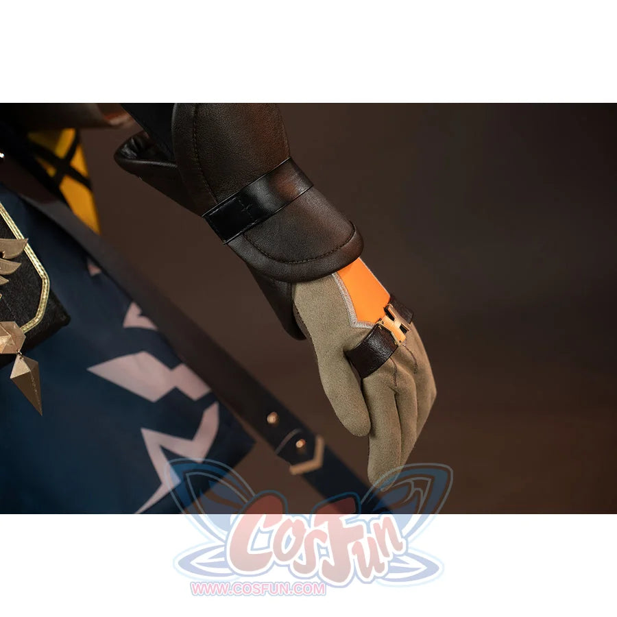 Genshin Impact Bennett cosplay glove detail anchors orange wrist trim beside gray fingers and a blue side panel