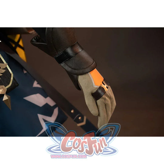 Genshin Impact Bennett cosplay glove detail anchors orange wrist trim beside gray fingers and a blue side panel