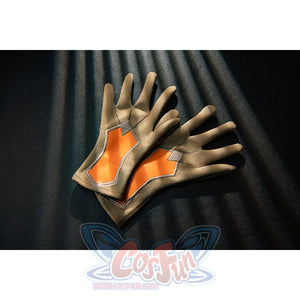 Genshin Impact Bennett cosplay glove detail frames orange palm panels with gray fingers and black edging