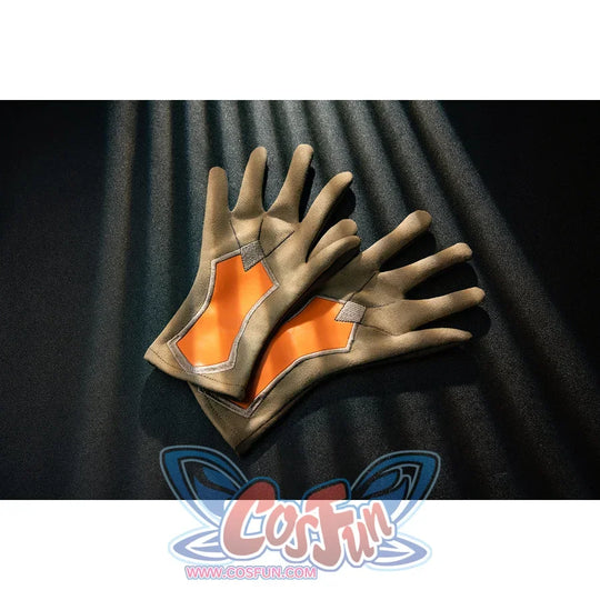 Genshin Impact Bennett cosplay glove detail frames orange palm panels with gray fingers and black edging