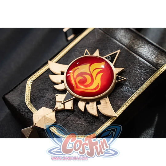 Genshin Impact Bennett cosplay Pyro vision detail anchors a red swirl emblem over black fabric and gold-tone edging