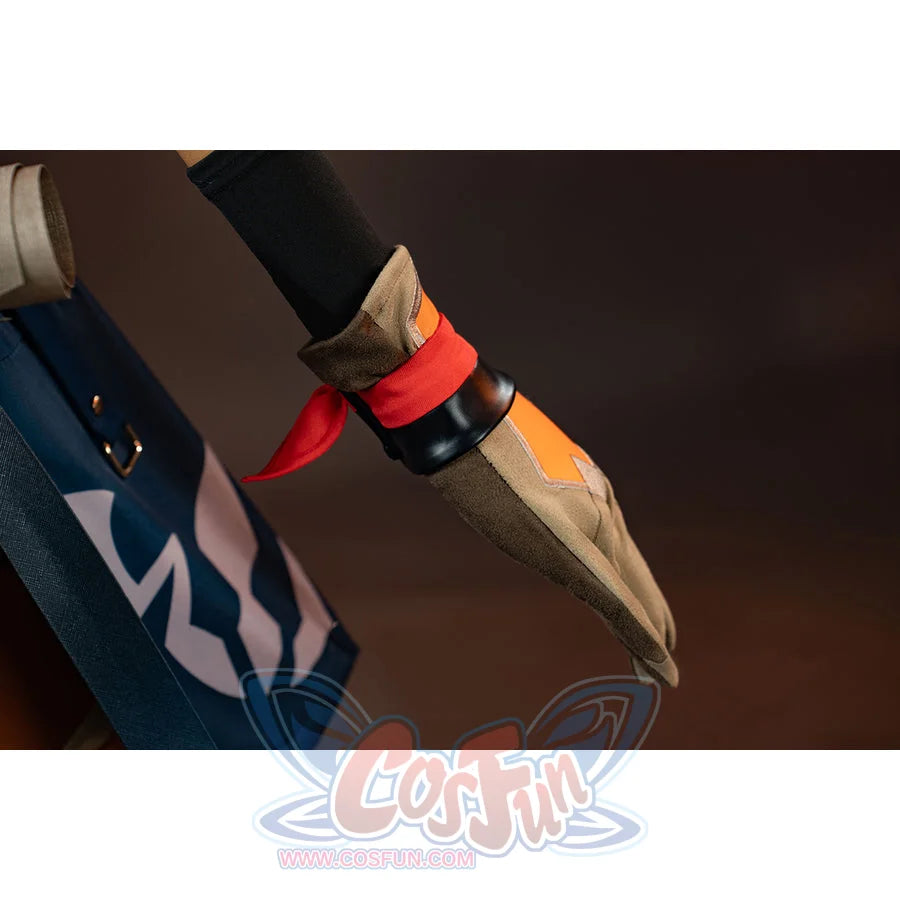 Genshin Impact Bennett cosplay wristband detail layers red fabric between black bands and a tan glove edge