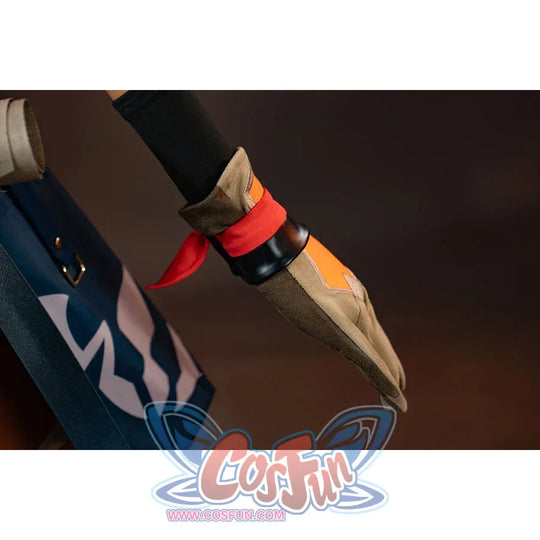 Genshin Impact Bennett cosplay wristband detail layers red fabric between black bands and a tan glove edge