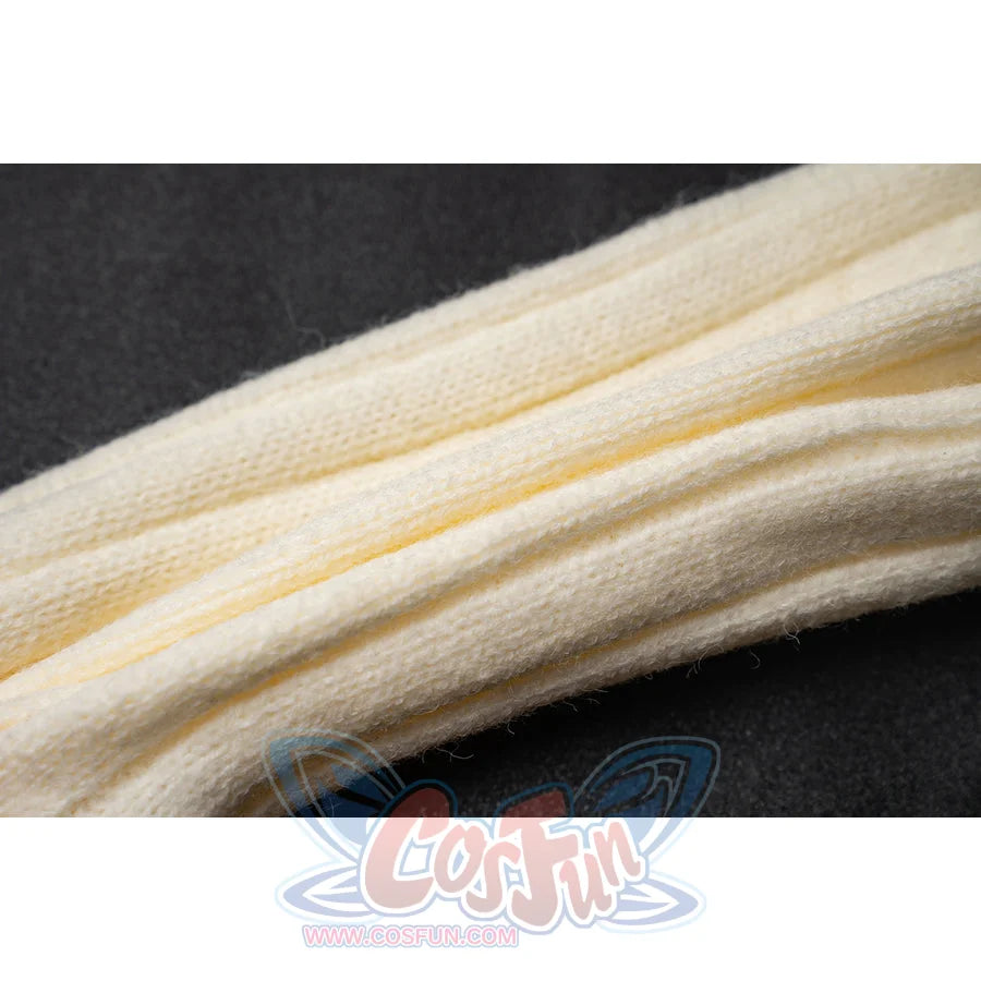 Genshin Impact Bennett cosplay sock detail gathers cream ribbed knit into a softly curved cuff