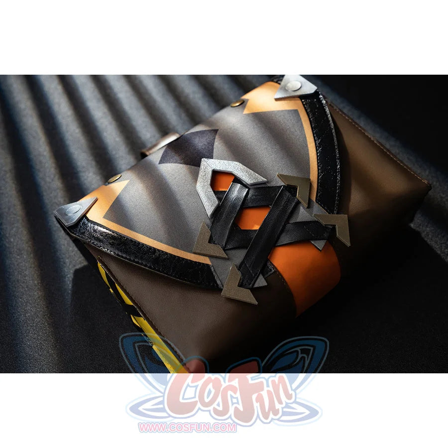 Genshin Impact Bennett cosplay shoulder prop detail layers black armor panels around orange and gold-tone accents