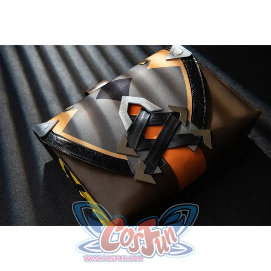 Genshin Impact Bennett cosplay shoulder prop detail layers black armor panels around orange and gold-tone accents