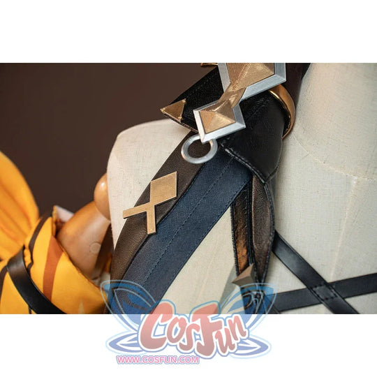 Genshin Impact Bennett cosplay shoulder ornament detail anchors a gold-tone diamond over navy and black straps